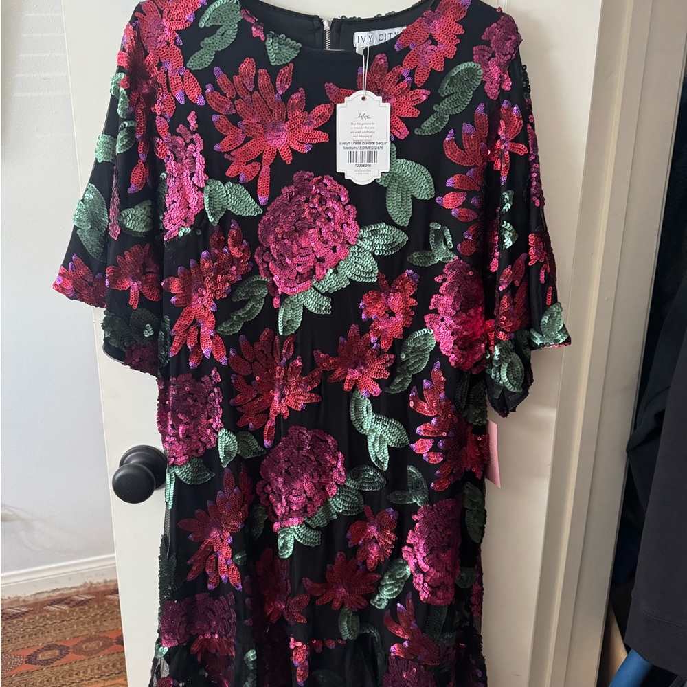 Ivy City Co Floral Sequin Dress in Pink and Green